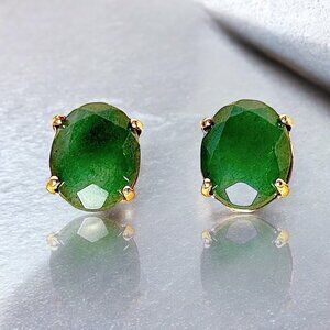 NEW Oval Stud Earrings Natural Green Aventurine 18K Gold Plated Classic 90s